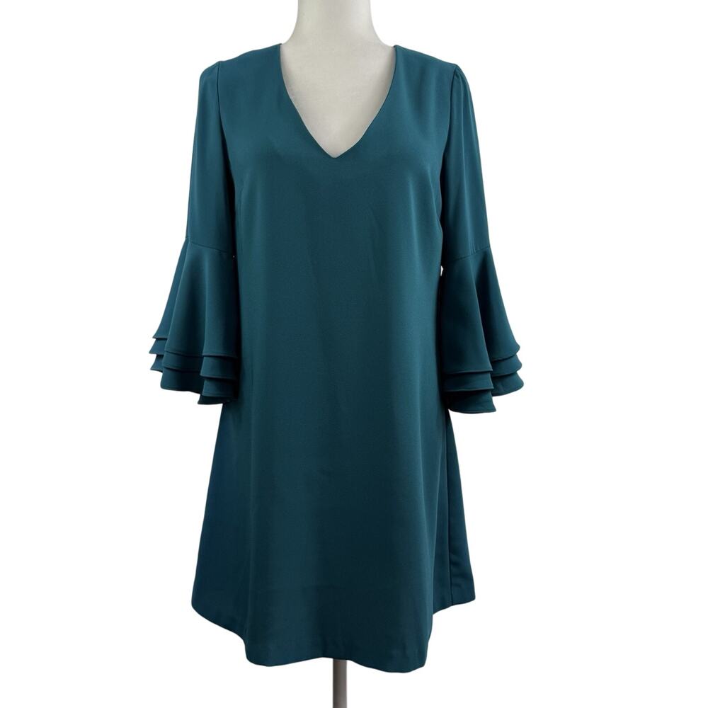 Anna Cate Mini Shift Dress XS Teal Green 3/4 Ruffle Bell Sleeve V Neck Holiday